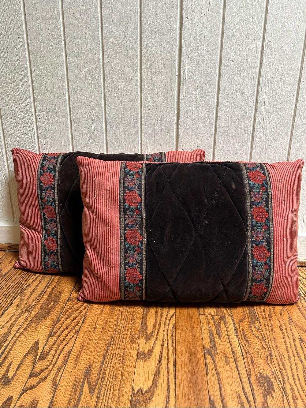 Pair of Vintage Red and Black Floral Accent Pillows